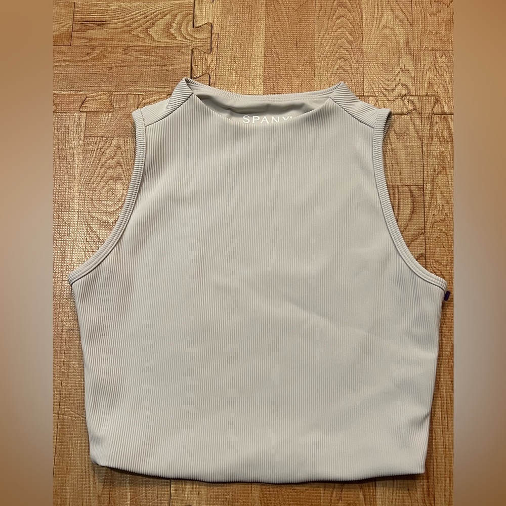 Spanx Active Ribbed Crop Tank Top High Neck Sleeveless Grey Women Small